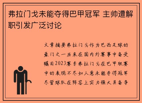 弗拉门戈未能夺得巴甲冠军 主帅遭解职引发广泛讨论 弗拉门戈未能夺得巴甲冠军 主帅遭解职引发广泛讨论
